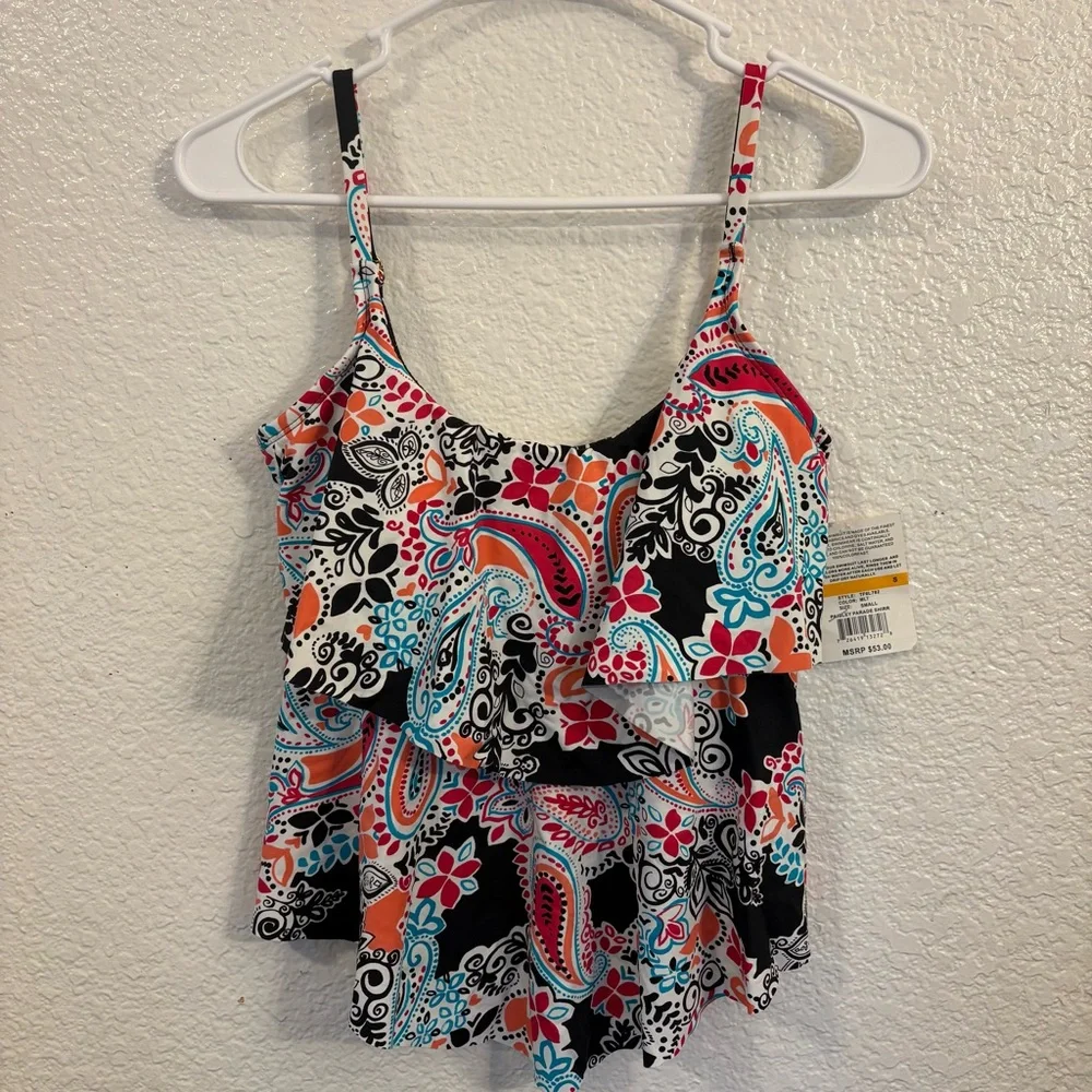 24th & Ocean‎ Printed Tiered Tankini Top Women's Small Multicolor Paisley Parade